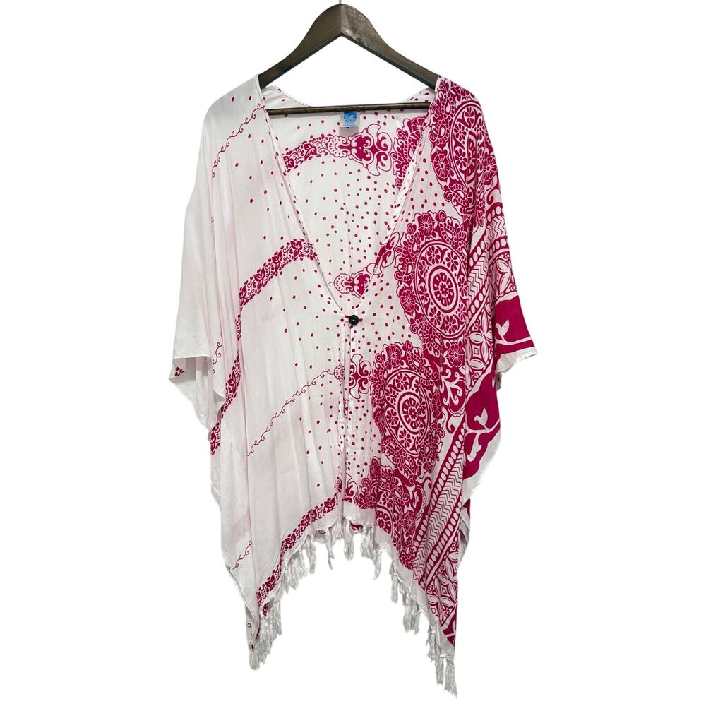 Island Beach Kimono One Size Pink White Paisley Rayon Fringe Swim Cover Up